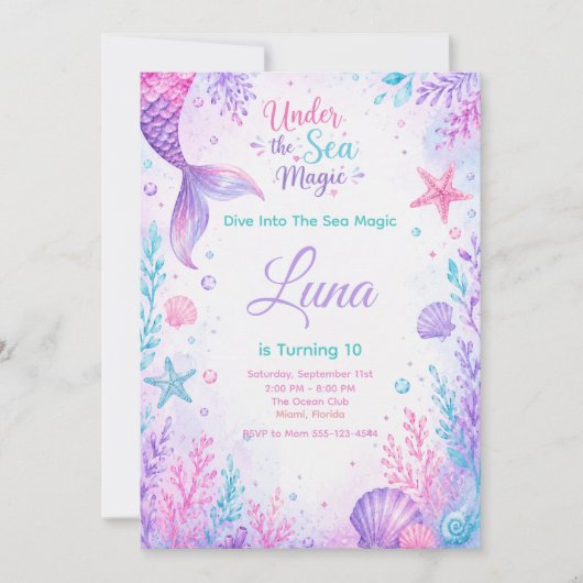 Under the Sea Magic Watercolor Mermaid Birthday 招待状 (正面)