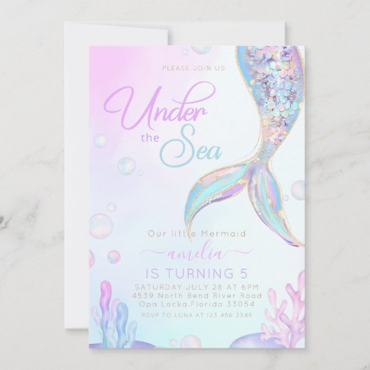 Under the Sea Mermaid Birthday 招待状 (正面)