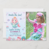 Under the sea Mermaid Birthday Girl with Photo 招待状 (正面)