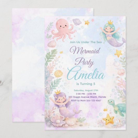 Under The Sea Mermaid Birthday Invitation 招待状 (正面/裏面)