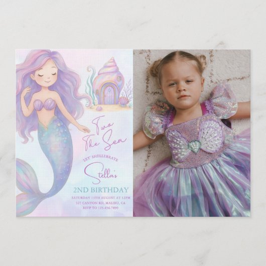 Under the Sea Mermaid Purple 2nd Birthday Photo 招待状 (正面)
