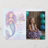 Under the Sea Mermaid Purple 5th Birthday Photo 招待状 (正面/裏面)