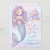 Under the Sea Mermaid Sea Purple Girl 2nd Birthday 招待状 (正面/裏面)