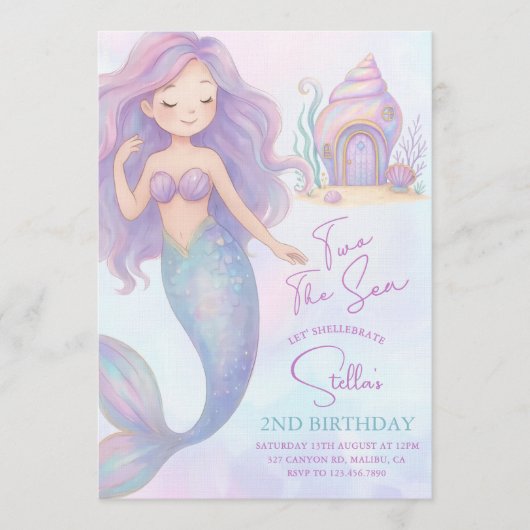 Under the Sea Mermaid Sea Purple Girl 2nd Birthday 招待状 (正面)