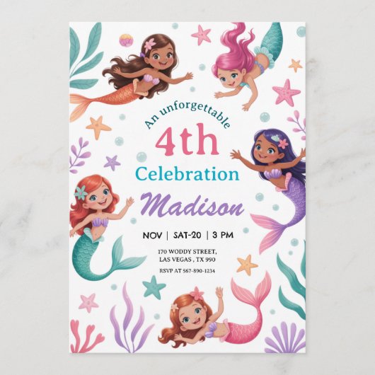 Under the Sea Mermaids Birthday 招待状 (正面)