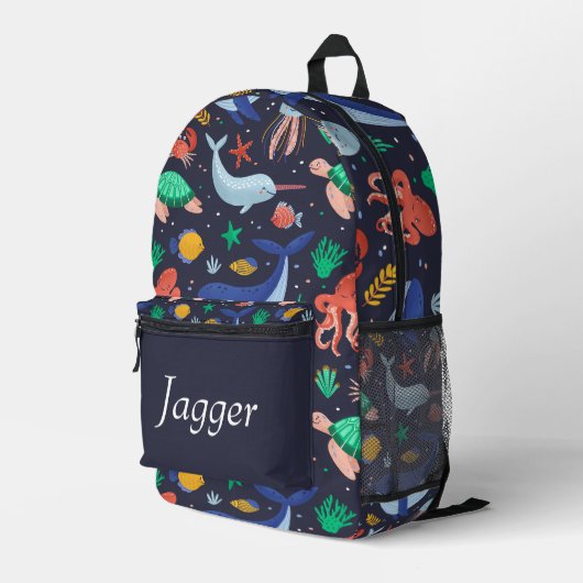 Under the Sea Navy Blue Personalized Name Backpack プリントバックパック (裏面右端)