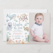 Under The Sea Ocean Animal 2nd Birthday Photo 招待状 (正面)