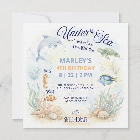 Under the Sea Ocean Animals Beach Birthday 招待状 (正面)