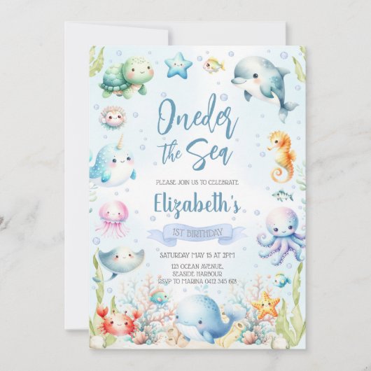 Under the Sea Ocean Animals Birthday Party 招待状 (正面)