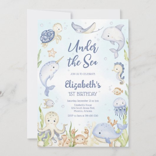 Under the Sea Ocean Animals Theme Birthday  招待状 (正面)