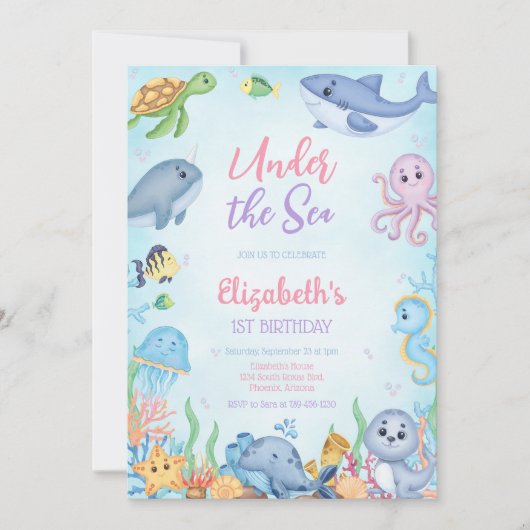 Under the Sea Ocean Animals Theme Birthday 招待状 (正面)