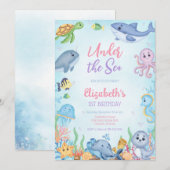 Under the Sea Ocean Animals Theme Birthday 招待状 (正面/裏面)