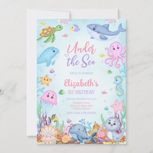 Under the Sea Ocean Animals Theme Birthday  招待状 (正面)