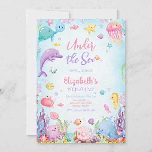 Under the Sea Ocean Animals Theme Birthday 招待状 (正面)
