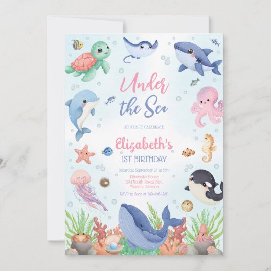 Under the Sea Ocean Animals Theme Birthday 招待状 (正面)
