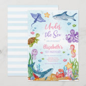 Under the Sea Ocean Animals Theme Birthday 招待状 (正面/裏面)