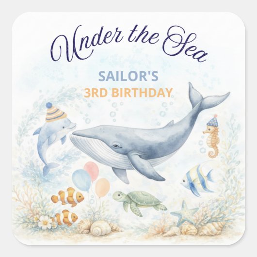 Under the Sea Ocean Animals Whale Birthday スクエアシール (正面)
