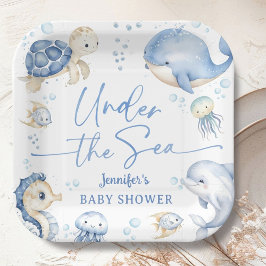 Under The Sea Ocean Baby Shower Boy Dusty Blue ペーパープレート
