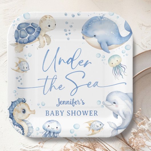 Under The Sea Ocean Baby Shower Boy Dusty Blue ペーパープレート