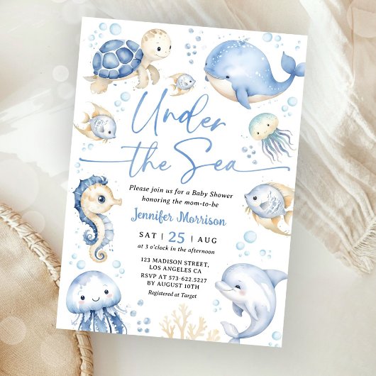 Under The Sea Ocean Baby Shower Boy Dusty Blue 招待状