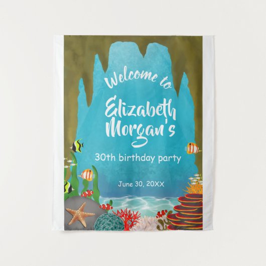 Under the Sea Ocean Cave Birthday Sign Tapestry タペストリー (正面)