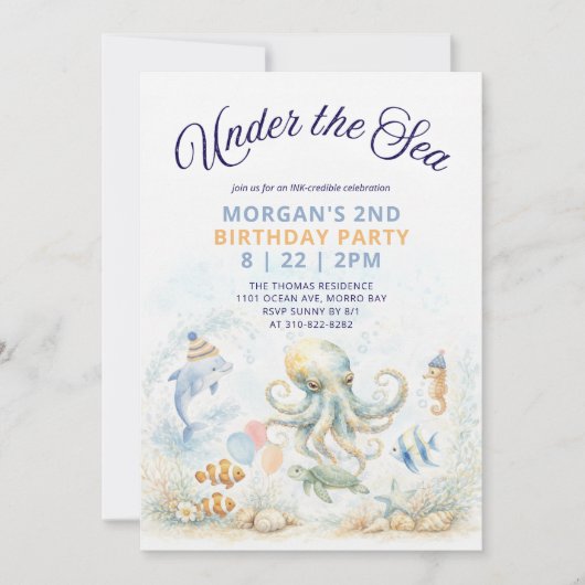 Under the Sea Octopus & Ocean Animals Birthday 招待状 (正面)