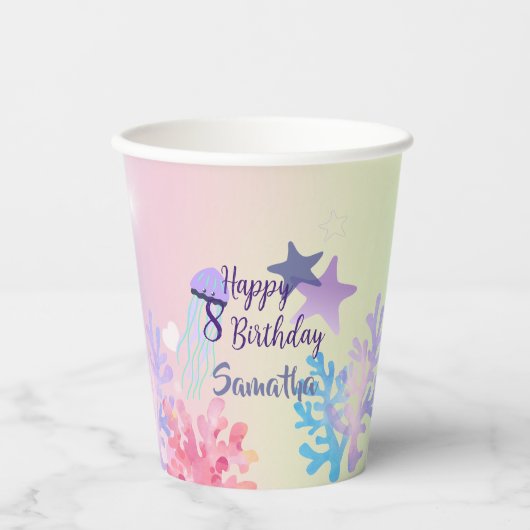 Under the Sea Paper Cups Pink and Purple Birthday 紙コップ (正面)