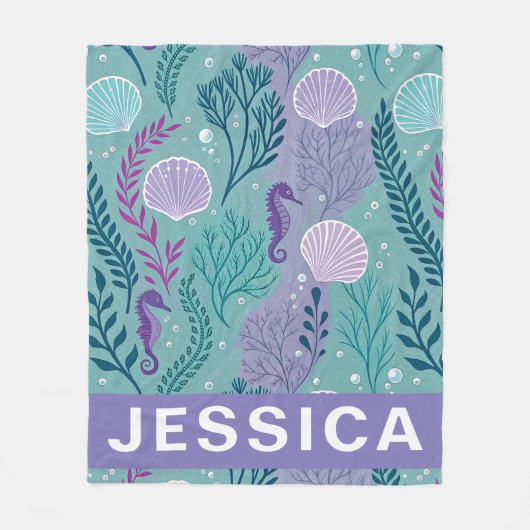 Under the Sea Seahorse Shell Ocean Fantasy フリースブランケット (正面)