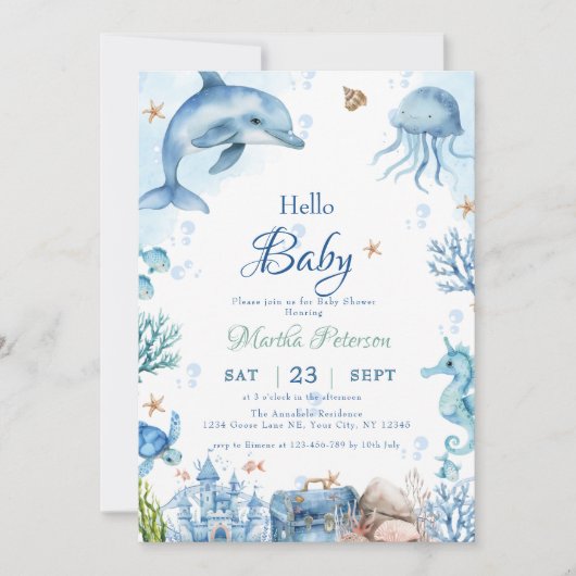 UNder the sea Seashell Baby Shower 招待状 (正面)