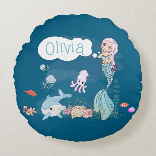 Under the Sea Sweet Mermaid Personalized ラウンドクッション (正面)