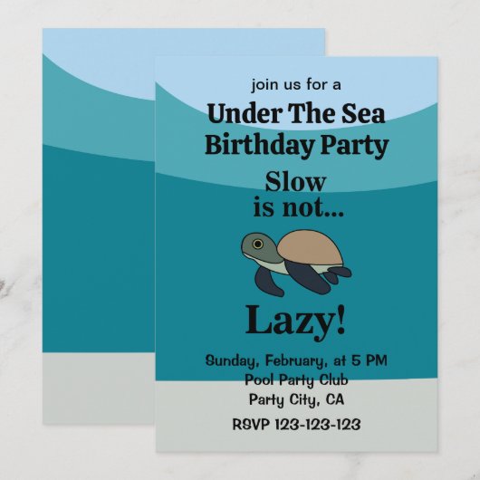 Under The Sea Turtle Funny Birthday Party 招待状 (正面/裏面)