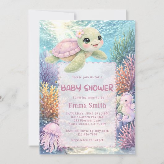 Under the Sea Turtle Girl Baby Shower Invitation 招待状 (正面)