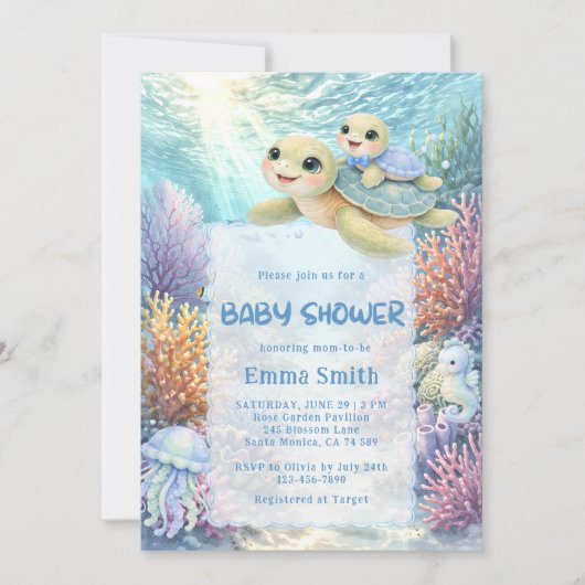 Under the Sea Turtle Mom & Baby Boy Baby Shower 招待状 (正面)