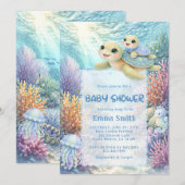 Under the Sea Turtle Mom & Baby Boy Baby Shower 招待状 (正面/裏面)