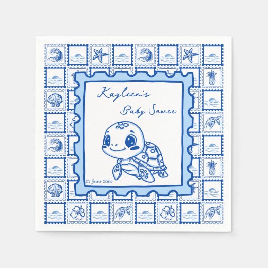 Under the sea turtle retro post stamp monogrammed スタンダードカクテルナプキン (正面)