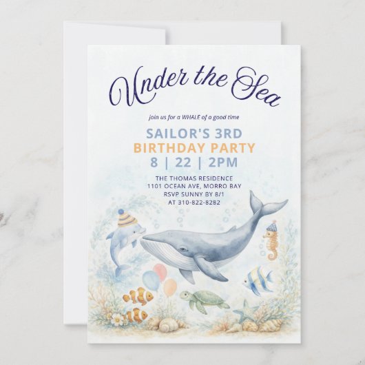 Under the Sea Whale & Ocean Animals Birthday 招待状 (正面)