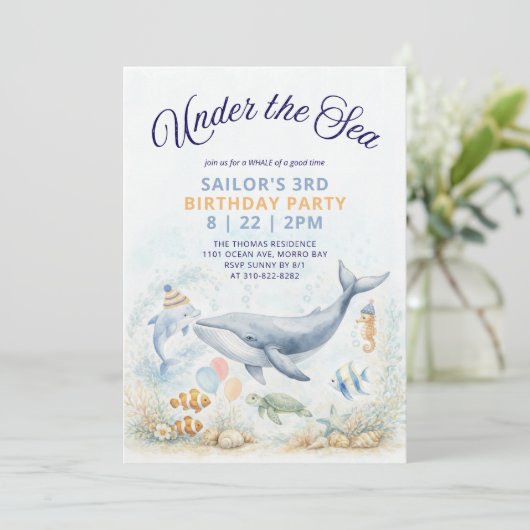 Under the Sea Whale & Ocean Animals Birthday 招待状 (スタンド正面)