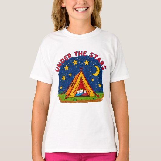 Under the Stars Kids Camping Drawing Tシャツ (正面)