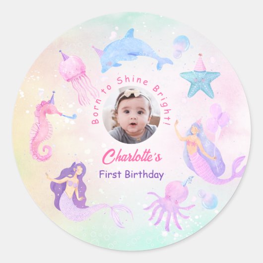  Undersea Mermaid Girl 1st Birthday Party  ラウンドシール (正面)