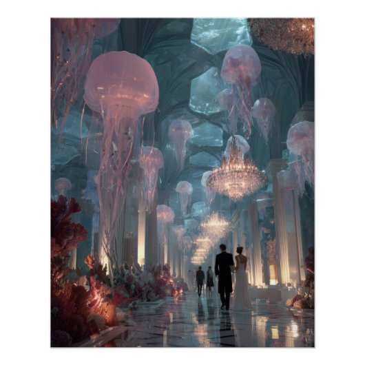 Undersea Palace Jellyfish Light Fantasy Art ポスター (正面)