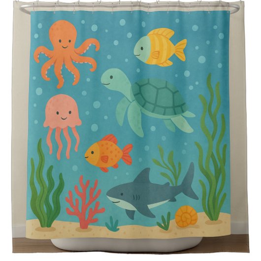 Underwater Adventure | かわいい海の生き物 シャワーC シャワーカーテン (正面)