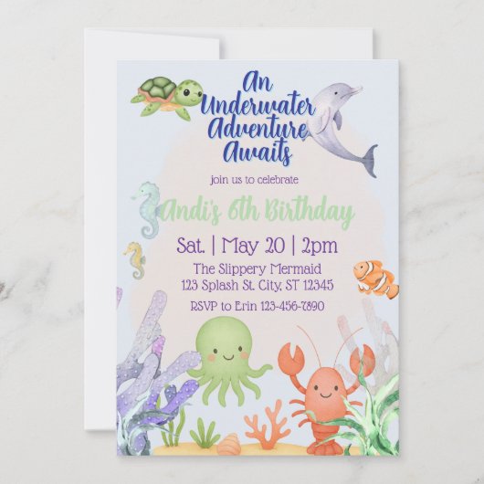 Underwater Adventure, Watercolor Birthday  招待状 (正面)