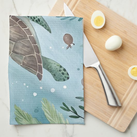 Underwater world with turtle キッチンタオル (四つ折り)