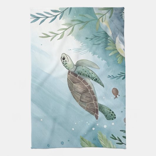 Underwater world with turtle キッチンタオル (縦)