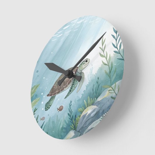 Underwater world with turtle ラウンド壁時計 (傾斜)