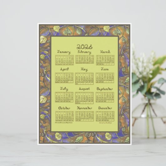 Undulating Leaves Border 2026 Calendar Paper Sheet (スタンド正面)