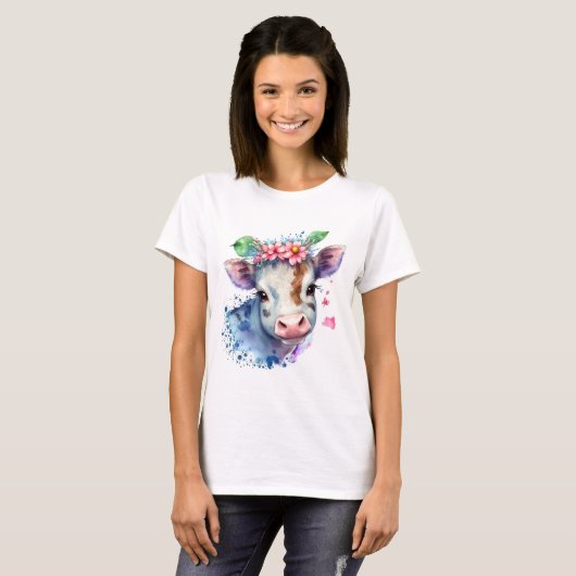 une tête de vache originale avec des fleurs. tシャツ (正面フル)