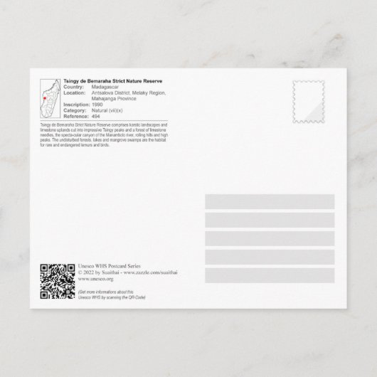 UNESCO - Tsingy de Bemaraha Strict Nature Reserve ポストカード (裏面)