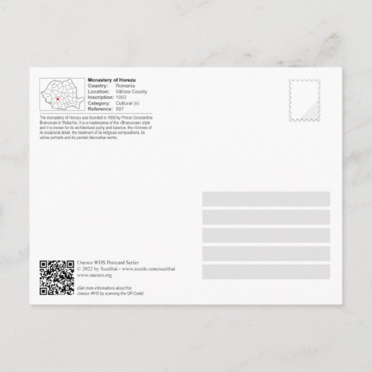 UNESCO WHS - Monastery of Horezu (Stamp Edition) ポストカード (裏面)