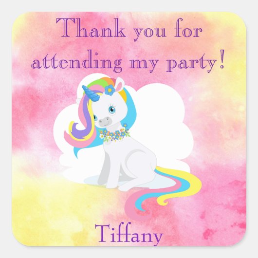 Unicornありがとうピンクと黄色の水色 スクエアシール (正面)